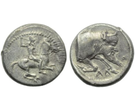 Sicily, Gela, Didrachm, c. 490-475 BC; AR (g 8,70; mm 21; h 1); Horseman galloping r., holding spear, Rv. CE - ?A, forepart o