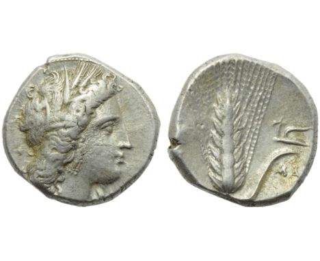 Lucania, Metapontion, Stater, c. 400-340 BC; AR (g 7,92; mm 20; h 5); Head of Demeter r., wearing barley wreath, earrings and