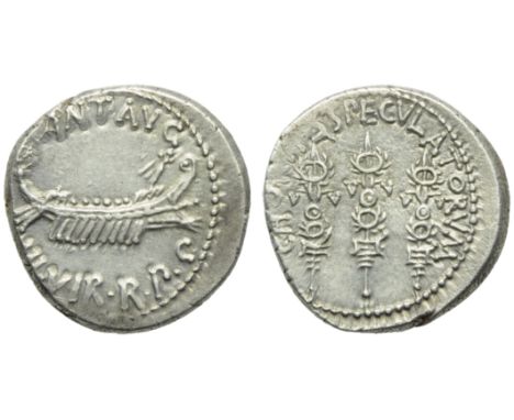 M. Antonius, Denarius, Mint moving with Antonius, 32-31 BC; AR (g 3,66; mm 18; h 7); Ship r., with sceptre tied fillet on pro