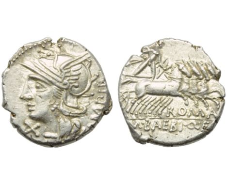 M. Baebius Q.f. Tampilus, Denarius, Rome, 137 BC; AR (g 3,95; mm 18; h 2); Helmeted head of Roma l.; behind, TAMPIL; before, 