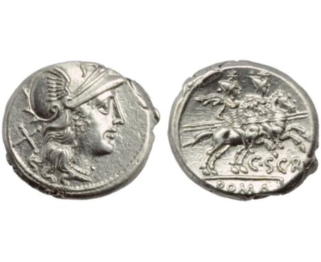 C. Scribonius, Denarius, Rome, 154 BC; AR (g 3,85; mm 18; h 6); Helmeted head of Roma r.; behind, X, Rv. The Dioscuri gallopi