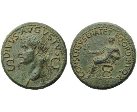 Divus Augustus (Gaius, 37-41), Dupondius, Rome, AD 37-41; AE (g 17,25; mm 29; h 6); DIVVS AVGVSTVS, radiate head l.; in field