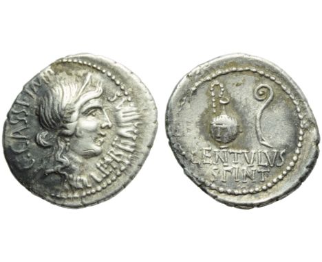 C. Cassius Longinus with P. Cornelius Lentulus Spinther, Denarius, Mint moving with Brutus and Cassius, 43-42 BC; AR (g 3,74;