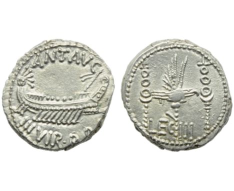 M. Antonius, Denarius, Mint moving with Antonius, 32-31 BC; AR (g 3,74; mm 16; h 6); Ship r., with sceptre tied fillet on pro