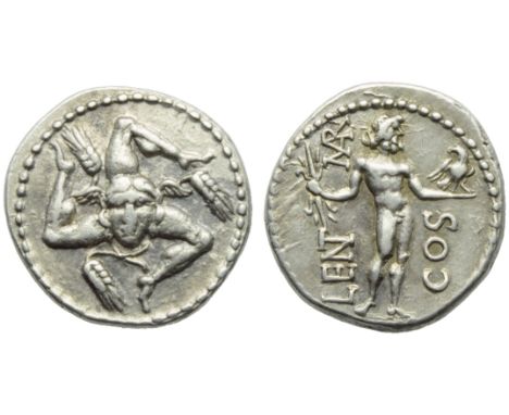 L. Cornelius Lentulus and C. Claudius Marcellus, Denarius, Apollonia and Asia, 49 BC; AR (g 3,92; mm 18; h 1); Triskeles with