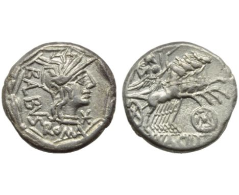 Mn. Acilius Balbus, Denarius, Rome, 125 BC; AR (g 3,87; mm 18; h 12); Helmeted head of Roma r.; behind, BALBVS; before, *; be