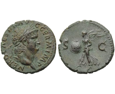 Nero (54-68), As, Rome, c. AD 65; AE (g 10,32; mm 27; h 6); NERO CAESAR AV - G GERM IMP, laureate head r., Rv. Victory flying