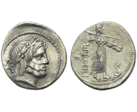 L. Procilius f., Denarius, Rome, 80 BC; AR (g 3,71; mm 20; h 12); Laureate head of Jupiter r.; behind, S C, Rv. Juno Sospita 