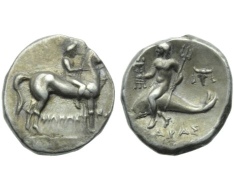 Apulia, Tarentum, Nomos, c. 227-240 BC; AR (g 6,53; mm 20; h 12); Horseman advancing l.; below, ?????? - ???, Rv. ?????, oeci