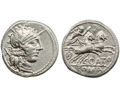 C. Porcius Cato, Denarius, Rome, 123 BC; AR (g 3,89; mm 19; h 5); Helmeted head of Roma r.; behind, X, Rv. Victory in biga r.