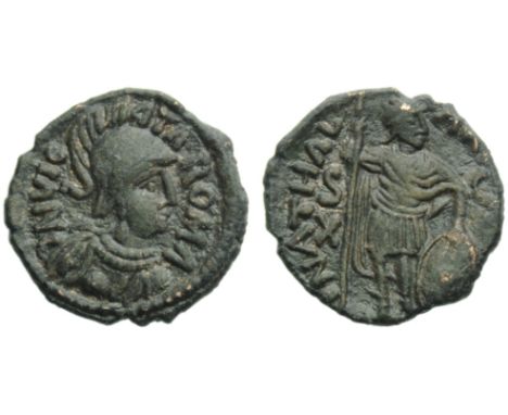 Ostrogoths, Athalaric (526-534), Decanummium, Rome, AD 526-534; AE (g 1,89; mm 16; h 6); INVIC - TA ROMA, helmeted bust of Ro