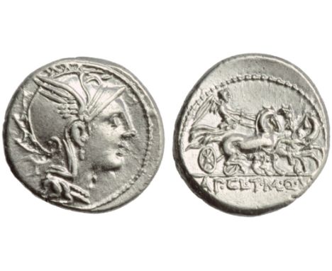 T. Mallius Mancinus, Ap. Claudius Pulcher and Q. Urbinius, Denarius, Rome, 111 or 110 BC; AR (g 3,97; mm 18; h 8); Helmeted h