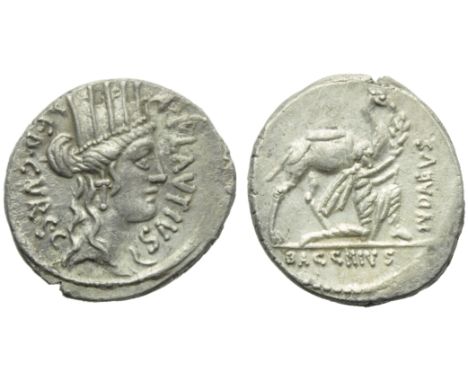 A. Plautius, Denarius, Rome, 55 BC; AR (g 3,41; mm 18; h 4); Head of Cybele r., with turreted crown; before, A PLAV[TIV]S; be