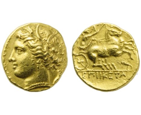 Sicily, Syracuse, Hiketas (288-278), 60 Litrai or Decadrachm, c. 288-278 BC; AV (g 4,28: mm 15; h 7); [?YRAKO?I?N], head of P