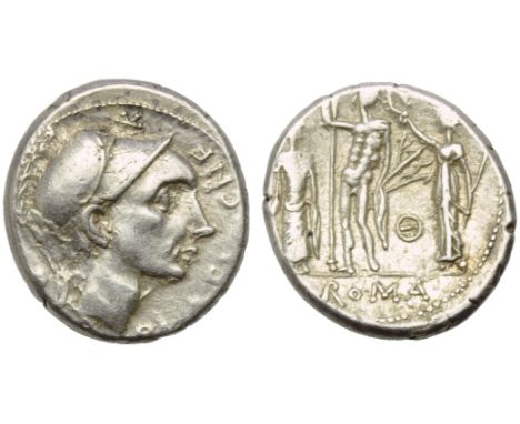 Cn. Cornelius Blasio Cn.f., Denarius, Rome, 112 or 111 BC; AR (g 3,98; mm 18; h 8); Helmeted head of Mars r.; above, *; befor