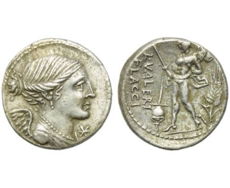 L. Valerius Flaccus, Denarius, Rome, 108 or 107 BC; AR (g 3,79; mm 19; h 3); Draped and winged bust of Victory r.; before, *,