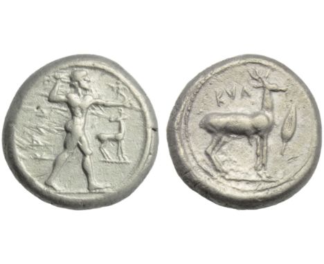 Bruttium, Caulonia, Stater, c. 474-425 BC; AR (g 8,16; mm 19; h 12); KAV?, Apollo standing r., holding branch and small figur