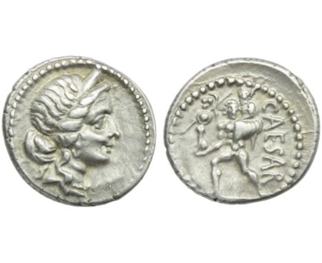 C. Julius Caesar, Denarius, Africa, 47-46 BC; AR (g 3,96; mm 20; h 6); Diademed head of Venus r., Rv. Aeneas advancing l., ca