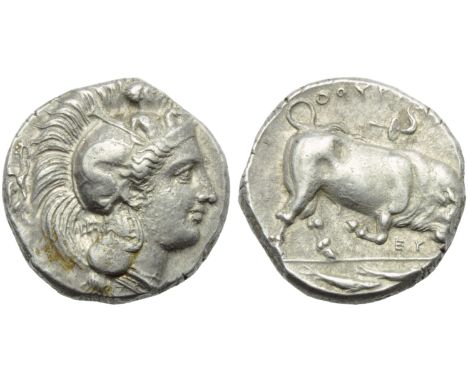 Lucania, Thurium, Distater, c. 350-300 BC.; AR (g 16,30; mm 25; h 3); Head of Athena r., wearing crested Attic helmet decorat
