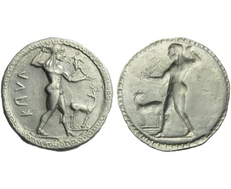 Bruttium, Caulonia, Stater, c. 525-500 BC; AR (g 8,11; mm 30; h 12); KAV? (retrograde), Apollo standing r., holding branch an