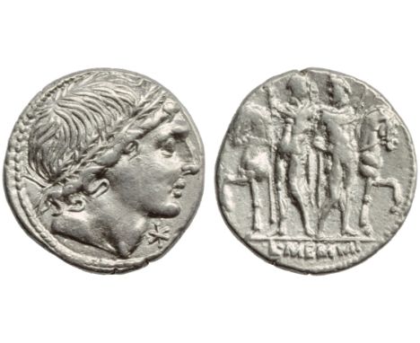 L. Memmius, Denarius, Rome, 109 or 108 BC; AR (g 3,84; mm 19; h 8); Young male head r. wearing oak-wreath; before, *, Rv. The