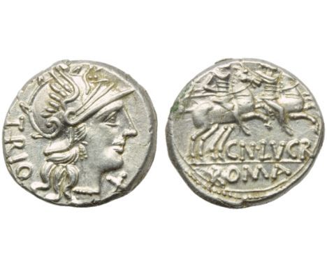 Cn. Lucretius Trio, Denarius, Rome, 136 BC; AR (g 3,93; mm 18; h 1); Helmeted head of Roma r.; behind, TRIO; before, X, Rv. T