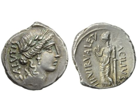 Mn. Acilius Glabrio, Denarius, Rome, 49 BC; AR (g 3,62; mm 18; h 5); Laureate head of Salus r.; behind, SALVTIS, Rv. Valetudo