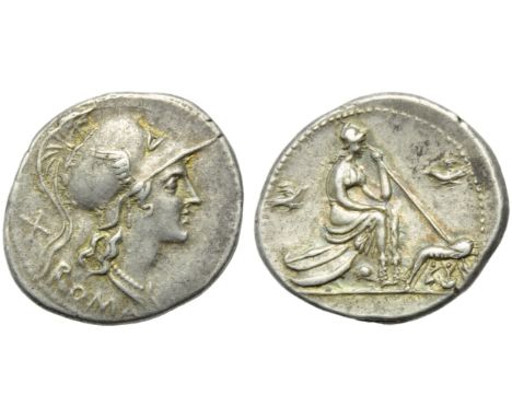 Anonymous, Denarius, Rome, 115 or 114 BC; AR (g 3,92; mm 22; h 7); Helmeted head of Roma r.; behind, X; below, ROMA, Rv. Roma