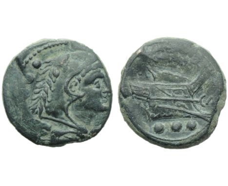 Anonymous (CA series), Quadrans, Canusium, 206-195 BC; AE (g 5,77; mm 19; h 3); Head of Hercules r., wearing lion’s skin; beh