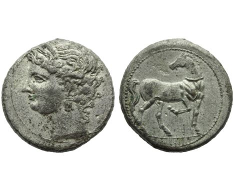 The Carthaginians in the Mediterranean, Carthage, Shekel and 1/2, c. 203-201 BC; BI (g 8,67; mm 26; h 12); Head of Tanit l., 