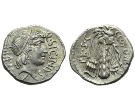 Q. Sicinius and C. Coponius, Denarius, Mint moving with Pompeius, 49 BC; AR (g 3,08; mm 17; h 7); Head of Apollo r., hair tie