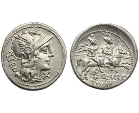 Q. Marcius Libo, Denarius, Rome, 148 BC; AR (g 3,89; mm 20; h 3); Helmeted head of Roma r.; behind, LIBO; before, X, Rv. The 