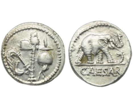 C. Julius Caesar, Denarius, Mint moving with Caesar, 49-48 BC; AR (g 3,90; mm 18; h 2); Pontifical emblems: culullus, aspergi