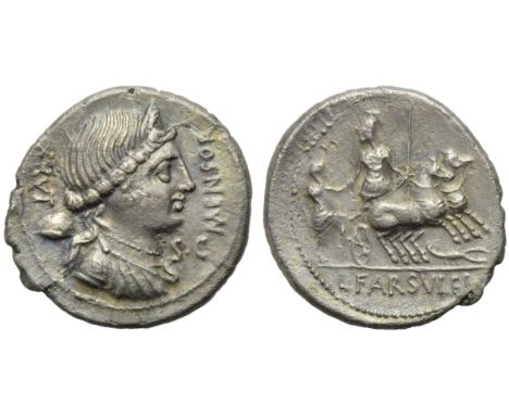 L. Farsuleius Mensor, Denarius, Rome, 75 BC; AR (g 3,41; mm 21; h 11); Diademed and draped bust of Libertas r.; behind, pileu