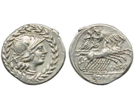 Cn. Gellius, Denarius, Rome, 138 BC; AR (g 3,78; mm 21; h 12); Helmeted head of Roma r.; behind, X; laurel-wreath as border, 