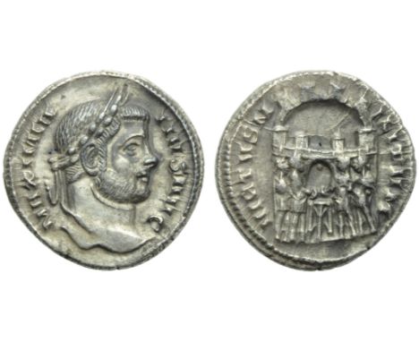 Maximianus Herculius (286-310), Argenteus, Siscia, c. AD 294; AR (g 3,41; mm 18; h 12); MAXIMIA - NVS AVG, laureate head r., 
