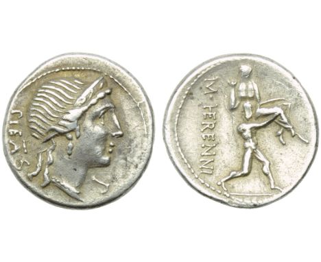 M. Herennius, Denarius, Rome, 108 or 107 BC; AR (g 3,93; mm 19; h 6); Head of Pietas r., wearing diadem; behind, PIETAS; befo