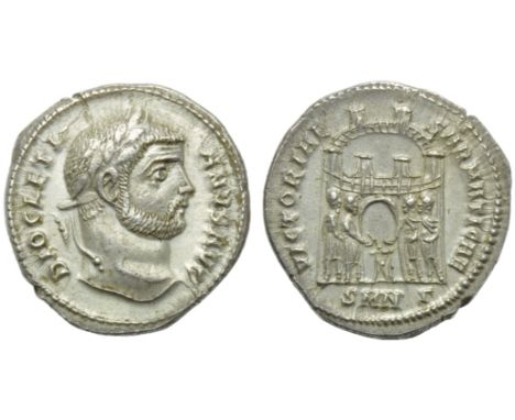 Diocletian (284-305), Argenteus, Nicomedia, c. AD 295; AR (g 3,09; mm 18; h 12); DIOCLETI - ANVS AVG, laureate head r., Rv. V