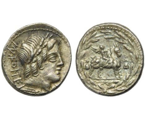 Mn. Fonteius C.f., Denarius, Rome, 85 BC; AR (g 4,13; mm 19; h 11); Laureate head of Apollo Veiovis r.; below, thunderbolt; b