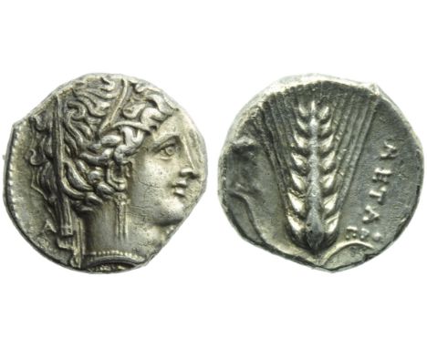 Lucania, Metapontion, Stater, c. 340-330 BC; AR (g 7,56; mm 20; h 1); Veiled head of Demeter r., wearing wreath of grain, ear