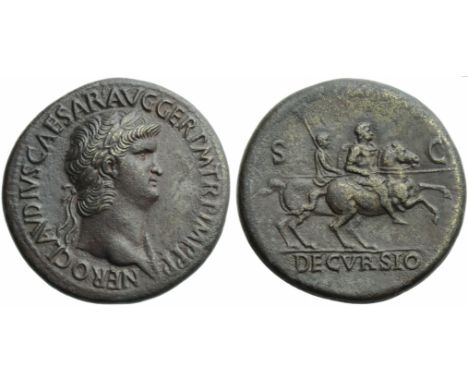 Nero (54-68), Sestertius, Rome, c. AD 64; AE (g 27,44; mm 34; h 7); NERO CLAVDIVS CAESAR AVG GER P M TR P IMP P P, laureate b