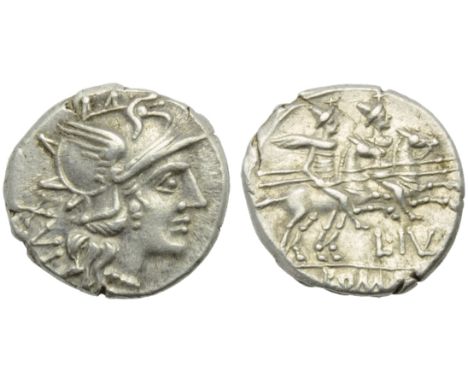 L. Julius, Denarius, Rome, 141 BC; AR (g 3,92; mm 18; h 6); Helmeted head of Roma r., behind, XVI, Rv. Dioscuri r.; below, L 