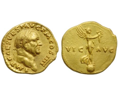 Vespasian (69-79), Aureus, Rome, AD 72-73; AV (g 7,31; mm 20; h 7); IMP CAES VESP AVG P M COS IIII, laureate head r., Rv. VIC