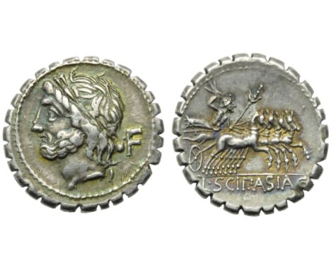 L. Cornelius Scipio Asiaticus, Denarius serratus, Rome, 106 BC; AR (g 3,39; mm 19; h 4); Laureate head of Jupiter l.; behind,