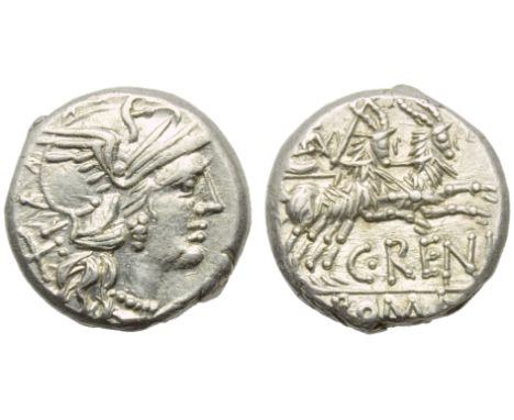 C. Renius, Denarius, Rome, 138 BC; AR (g 3,84; mm 16; h 2); Helmeted head of Roma r.; behind, X, Rv. Juno in biga of goats r.