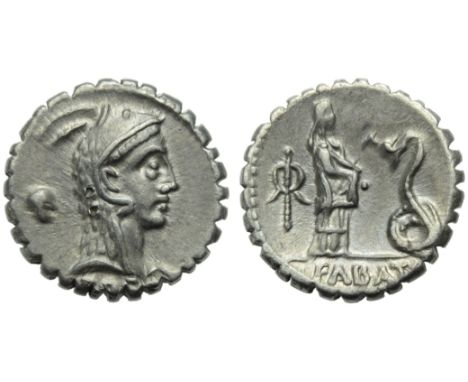 L. Roscius Fabatus, Denarius serratus, Rome, 64 BC; AR (g 3,90; mm 17; h 6); Head of Juno Sospita r.; behind, control symbol;