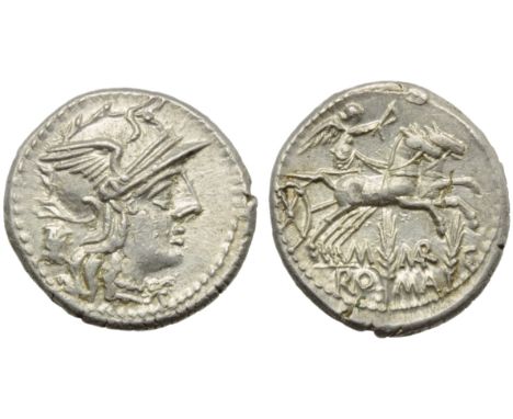 M. Marcius Mn.f., Denarius, Rome, 134 BC; AR (g 3,90; mm 20; h 3); Helmeted head of Roma r.; before, *; behind, modius, Rv. V
