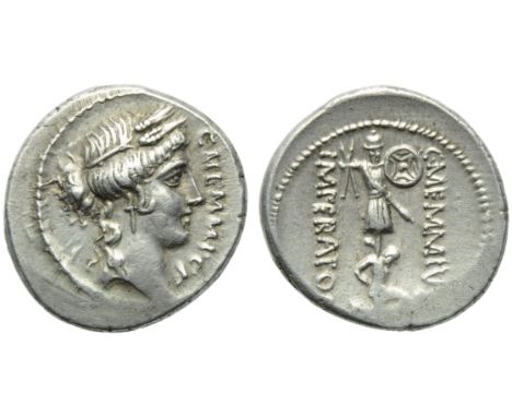 C. Memmius C.f., Denarius, Rome, 56 BC; AR (g 4,27; mm 19; h 1); Head of Ceres r.; before, C MEMMI C F, Rv. Trophy; before, k