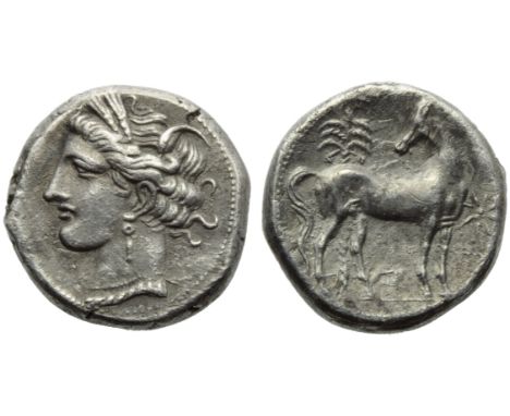 The Carthaginians in the Mediterranean, Carthage, Shekel, c. 300 BC; AR (g 7,33; mm 18; h 1); Head of Tanit l., wearing wreat