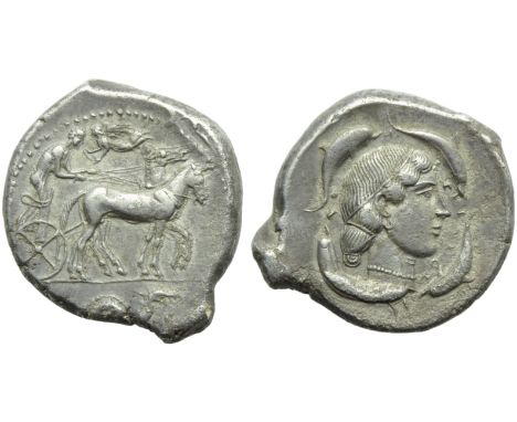 Sicily, Syracuse, Second Democracy (466-405), Tetradrachm, c. 466-405 BC; AR (g 17,09; mm 29; h 11); Charioteer driving slow 